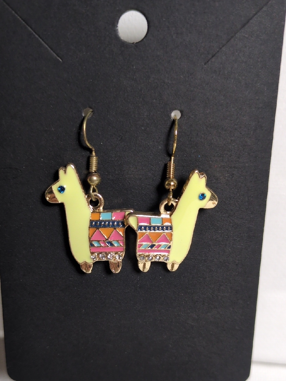Yellow Llama Alpaca Dangle Earrings with Multicolor Saddle